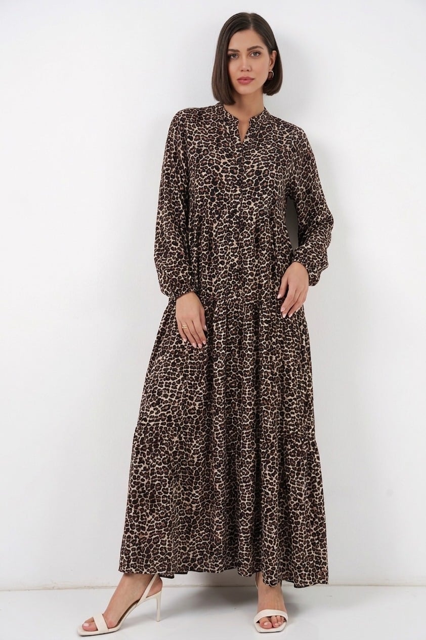 Long Sleeve Tiered Leopard Print Modest Dress - Bigdart - by Peralane - photo 2