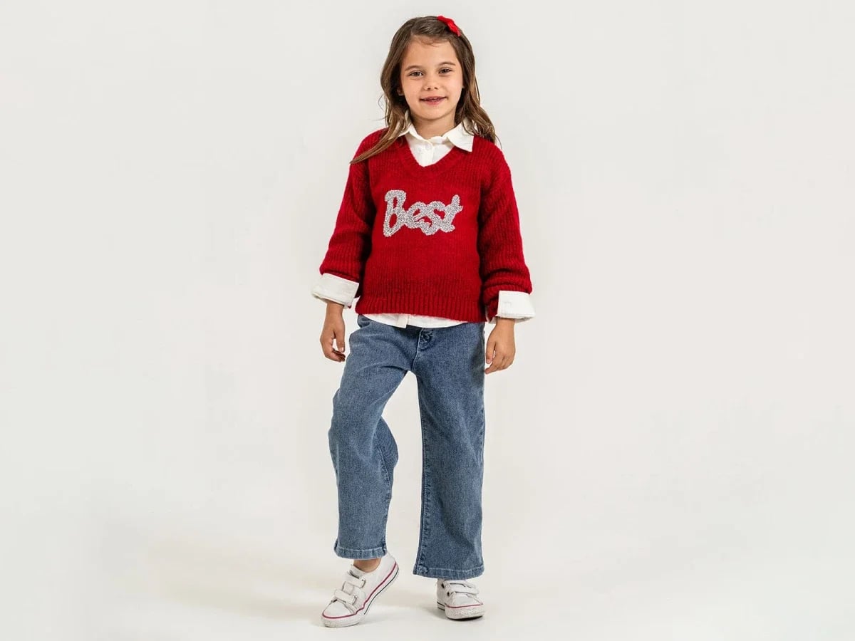 Girls' Red Knit Sweater Set with 'Best' Print - Pampal Kids - by Peralane