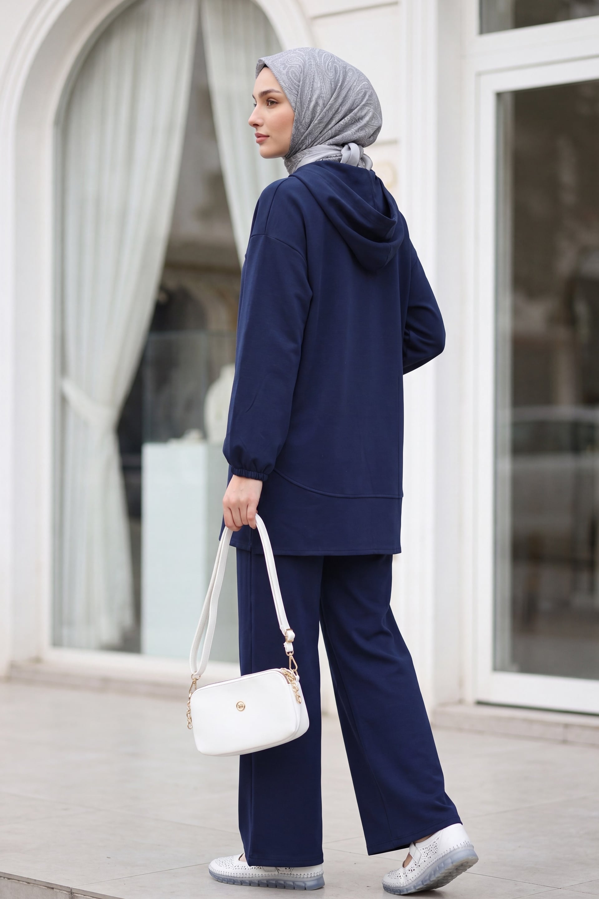 Hooded Half-Button Wide-Leg Trousers Pocket Loungewear Set - Navy Blue - Podyumplus - by Peralane - photo 5
