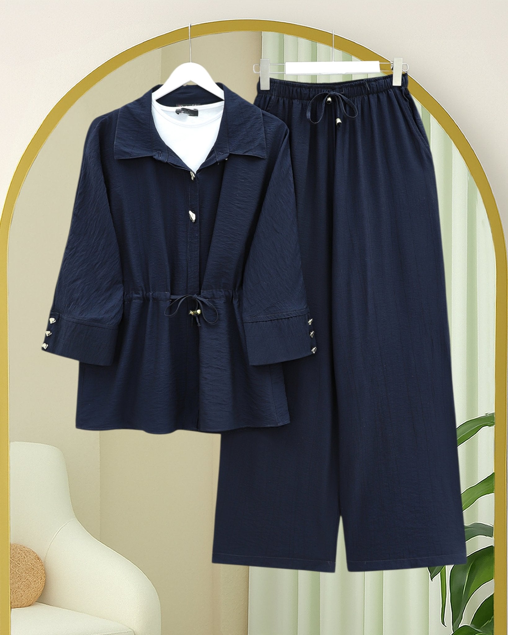 Navy Blue Cotton Crinkle Two-Piece Tunic and Wide-Leg Trousers Set - Podyumplus - by Peralane - photo 6