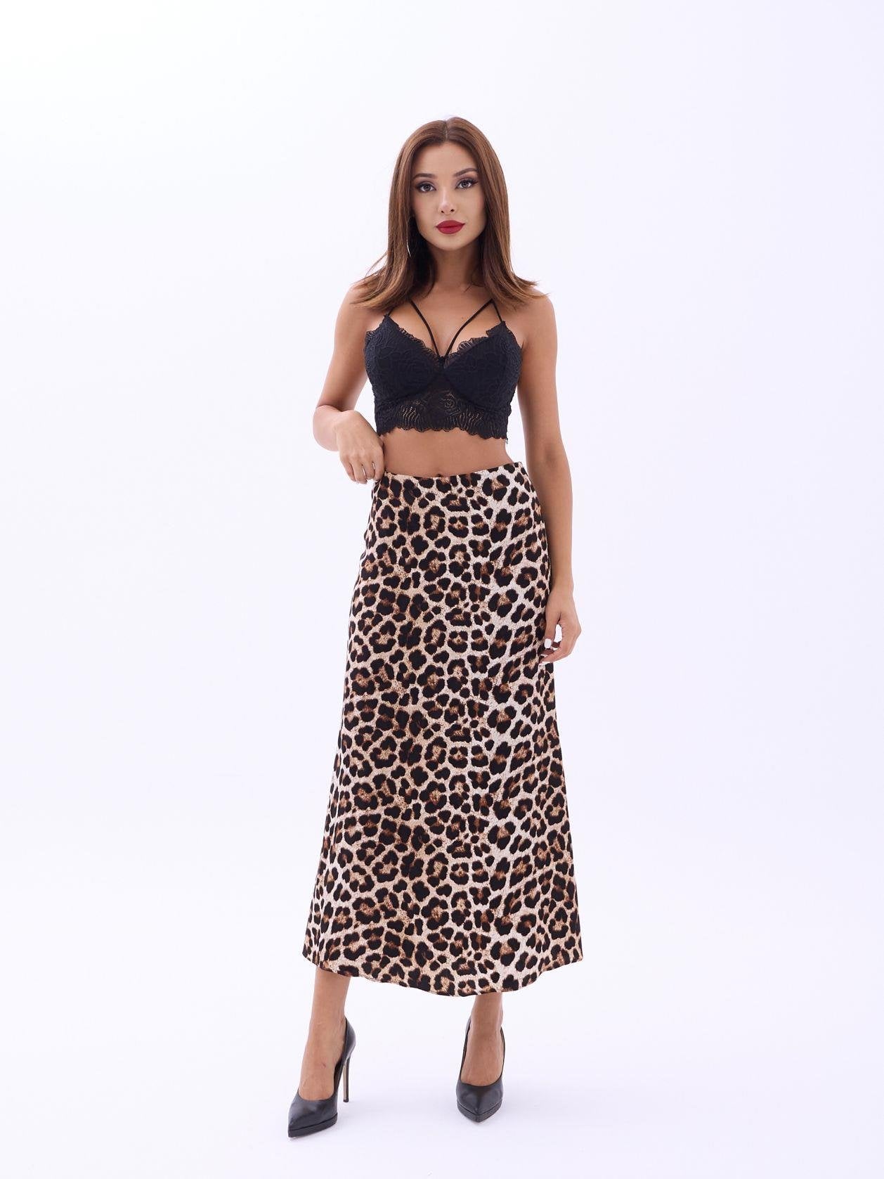 Women's Leopard Print Maxi Skirt and Black Lace Bralette Set - Fame - by Peralane