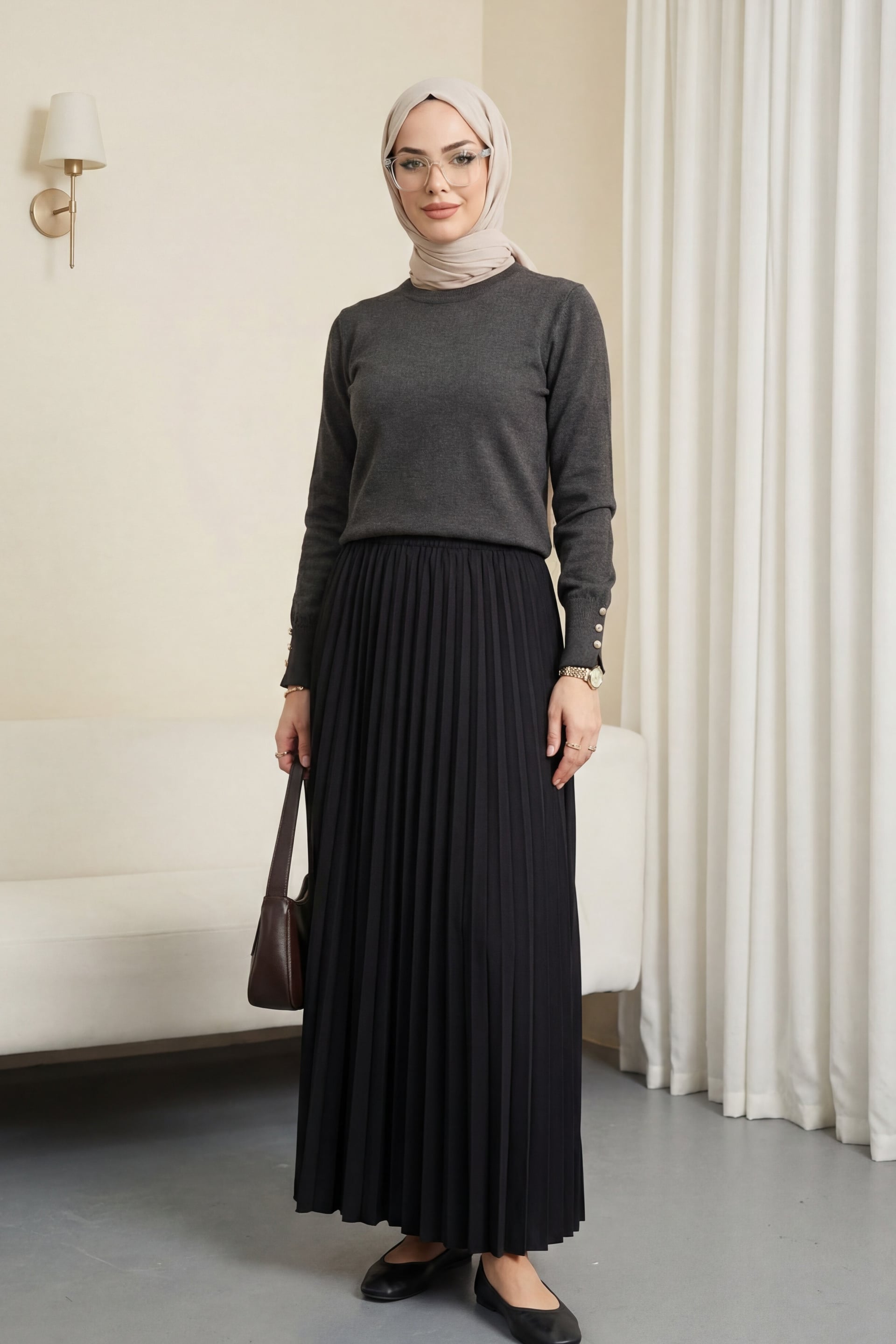 Round Neck Button Cuff Knit Tunic and Pleated Skirt Set in Dark Grey and Black - Podyumplus - by Peralane - photo 2