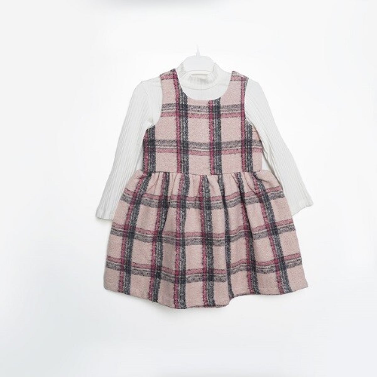 Girl's Pinafore Dress and Top Set - Powder Pink Plaid - Ages 3-6Y - Busra Bebe - by Peralane