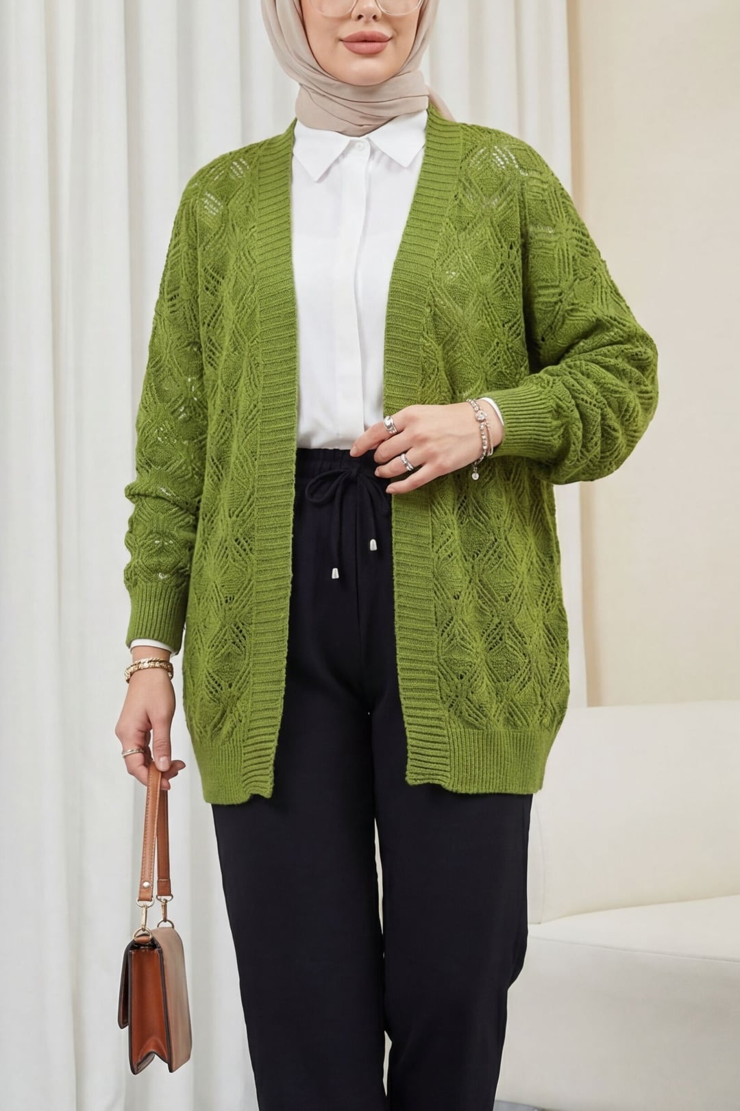 Patterned Araboy Knitted Cardigan - Khaki - Podyumplus - by Peralane