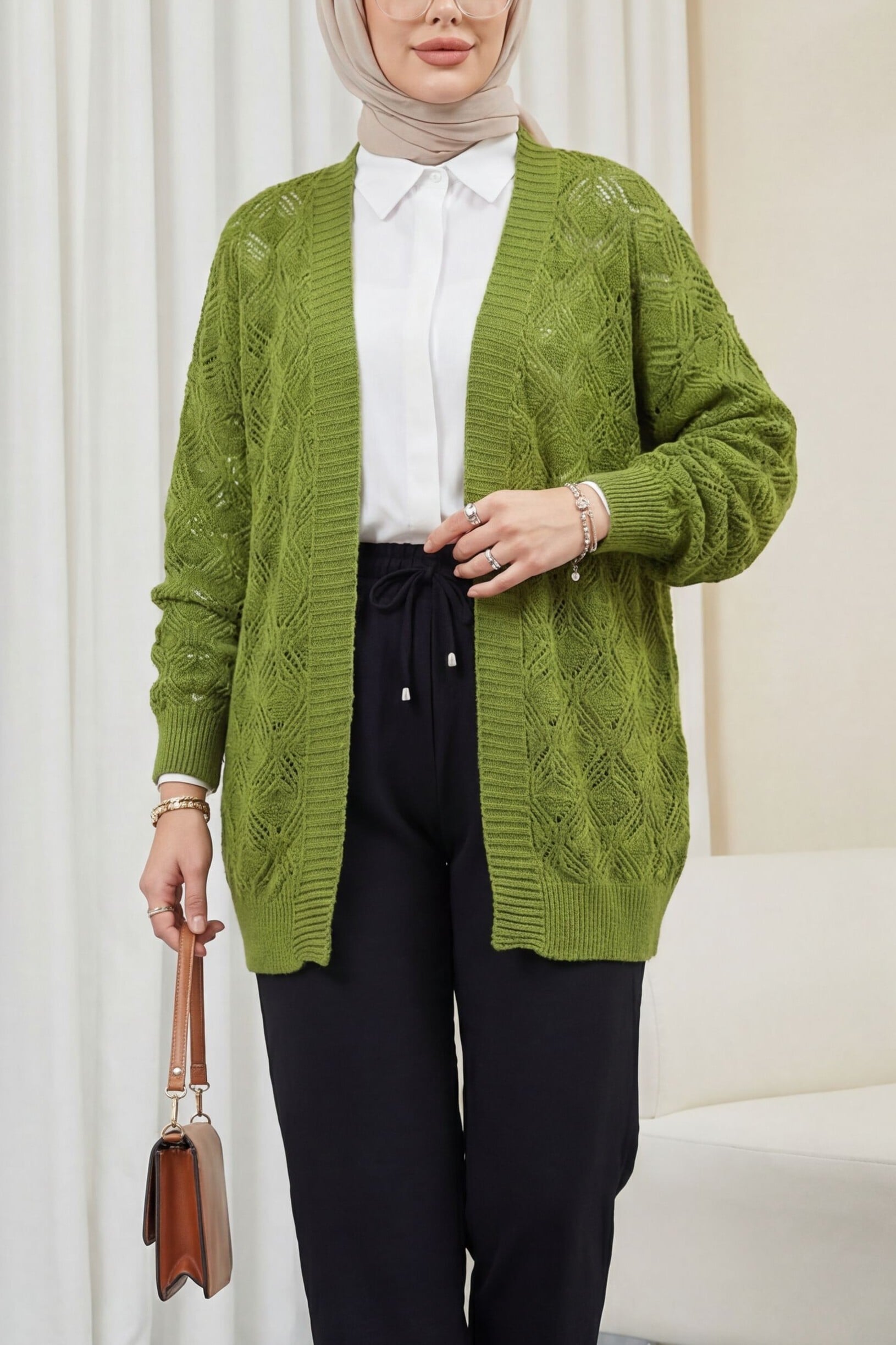Patterned Araboy Knitted Cardigan - Khaki - Podyumplus - by Peralane