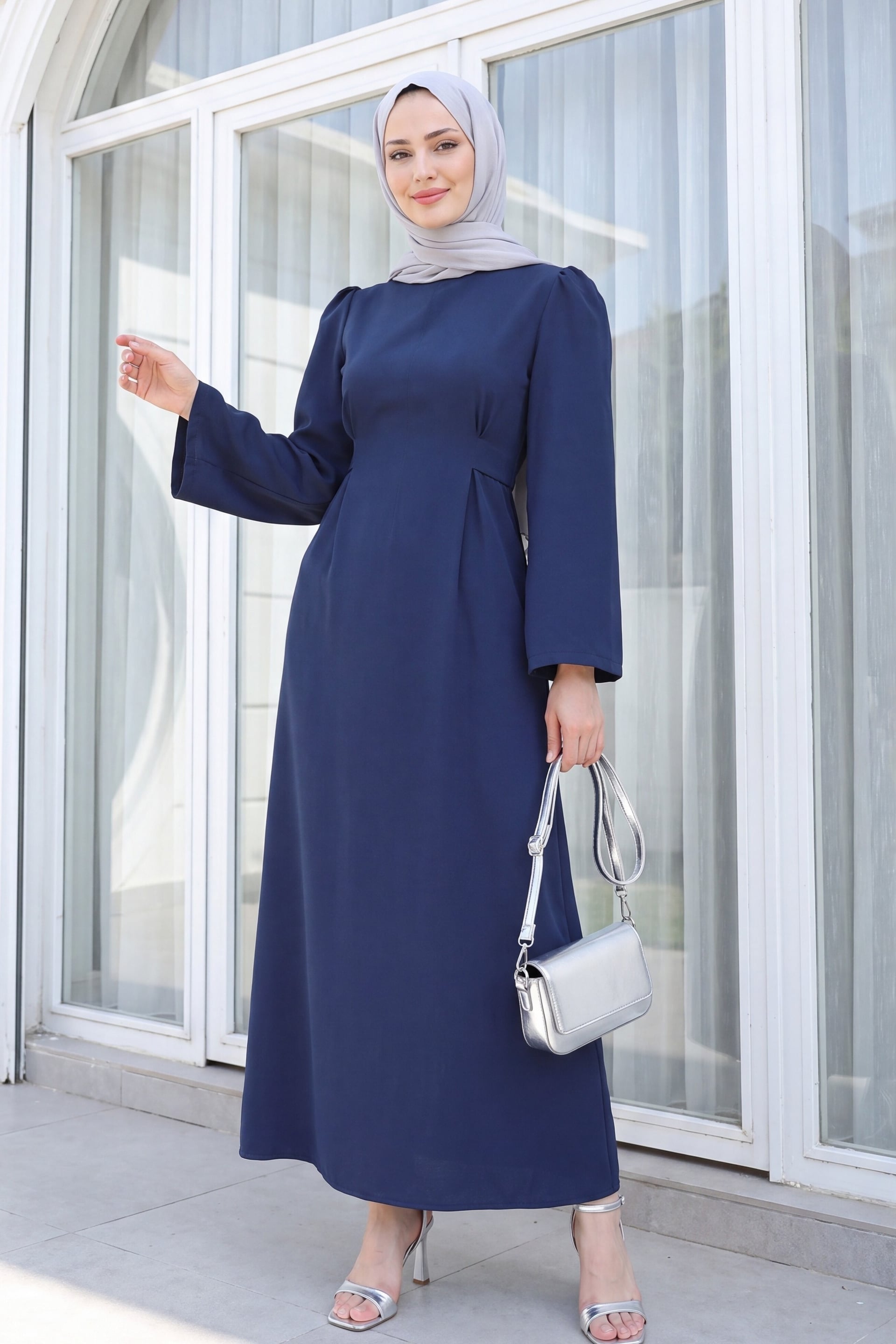 Mandarin Collar Belted Dress - Dark Navy - Podyumplus - by Peralane - photo 2