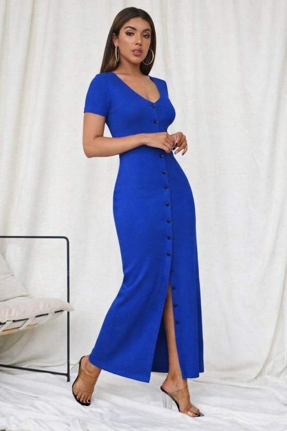 Women's Short-Sleeved V-Neck Button-Front Maxi Dress in Royal Blue - Janes - by Peralane - photo 2