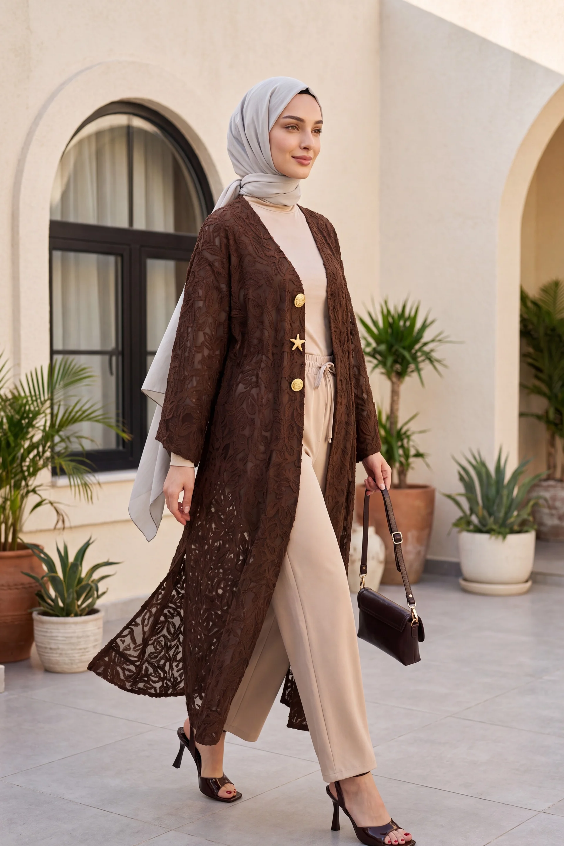 Long Kimono Cardigan with Wide Sleeves and Brooch Detail - Brown - Podyumplus - by Peralane