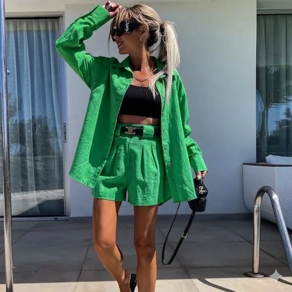 Green Belted Shirt and Shorts Set for Women - My Bee - by Peralane - photo 2