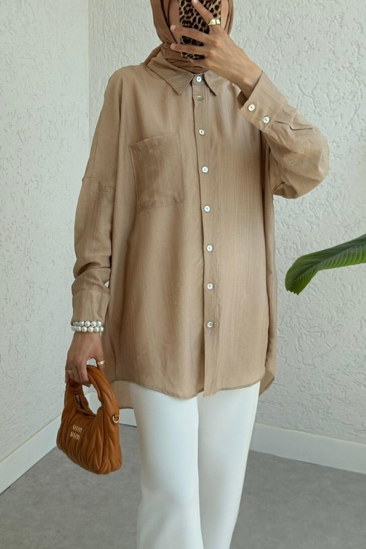 Women's Long-Lined Casual Shirt with Single Chest Pocket - Vizon - Podyumplus - by Peralane