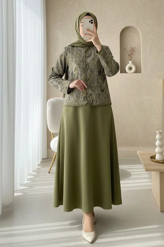 Ethnic Print Button-Front Scuba Jacket and Skirt Set - Olive - Podyumplus - by Peralane