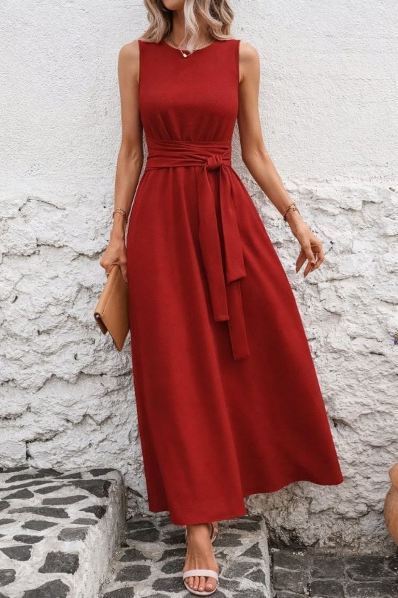 Women's Off-Shoulder Long Dress with Waist Tie, Red - Janes - by Peralane
