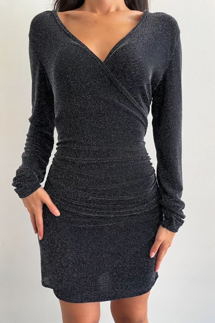 Long Sleeve Wrap-Style Sequin Dress - Black - Podyumplus - by Peralane