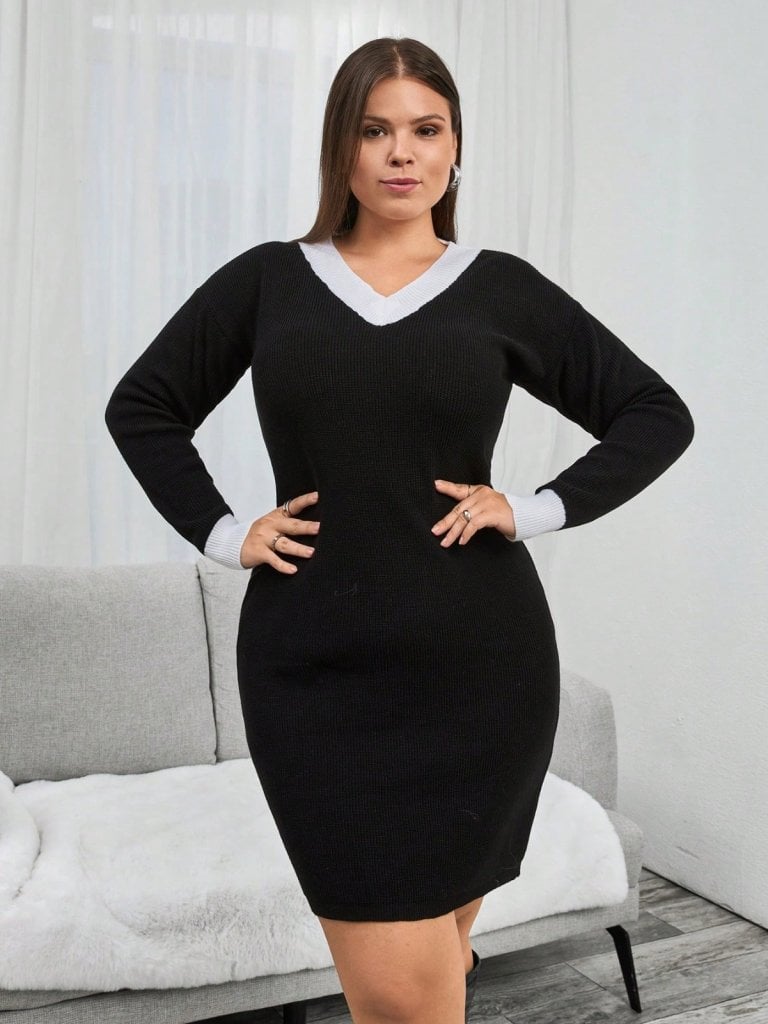 Women's Long Sleeve V-Neck Knit Dress - Janes - by Peralane