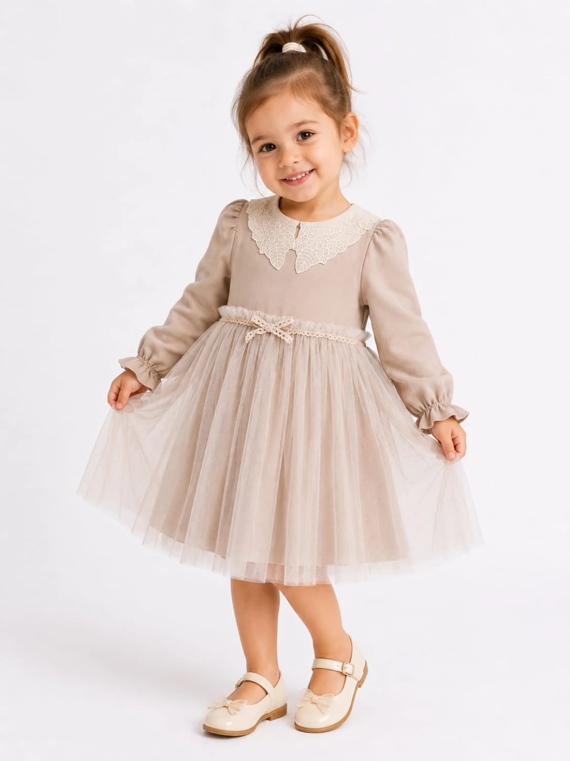 Girls Brown Tulle Dress with Broderie Collar - Serkon Baby - by Peralane