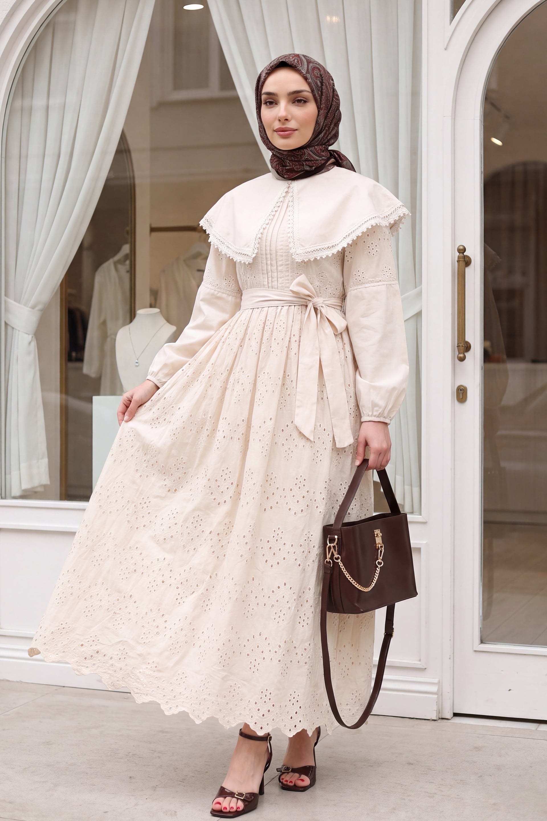 Beige Cape Collar Lace Detail Dress - Podyumplus - by Peralane
