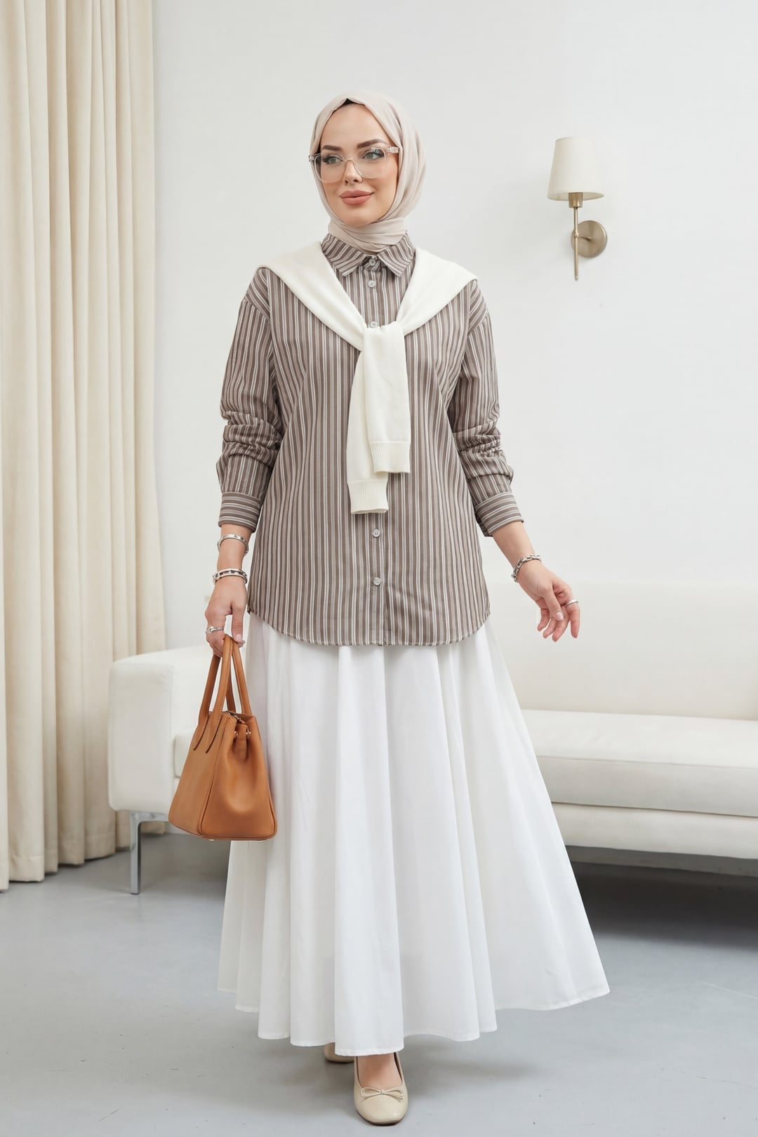 Striped Linen Look Shirt with Knitted Scarf Detail - Brown - Podyumplus - by Peralane - photo 2