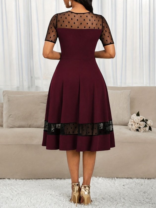 Women's Short Sleeve Crew Neck Polka Dot Tulle Detail Midi Crepe Dress - Janes - by Peralane - photo 3