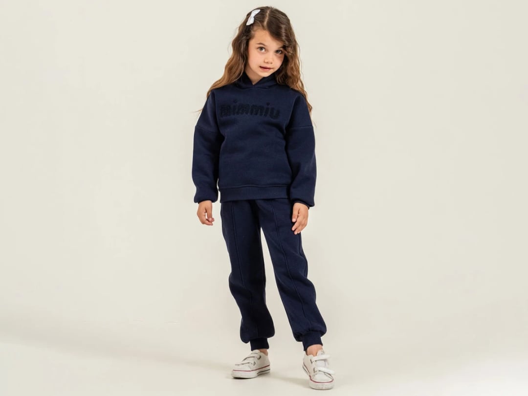 Mimmiu Embroidered 3-Thread Brushed Girls' Tracksuit Set - Navy Blue - Pampal Kids - by Peralane