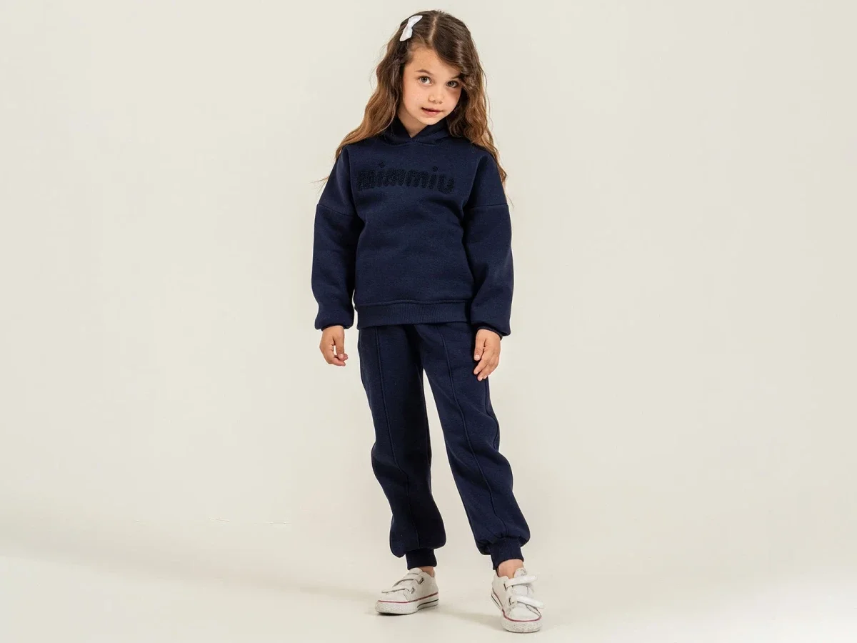 Mimmiu Embroidered 3-Thread Brushed Girls' Tracksuit Set - Navy Blue - Pampal Kids - by Peralane