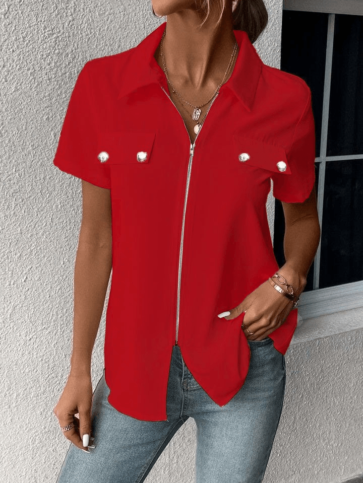 Women's Short Sleeve Collared Blouse with Front Zipper and Pocket Detail - Janes - by Peralane