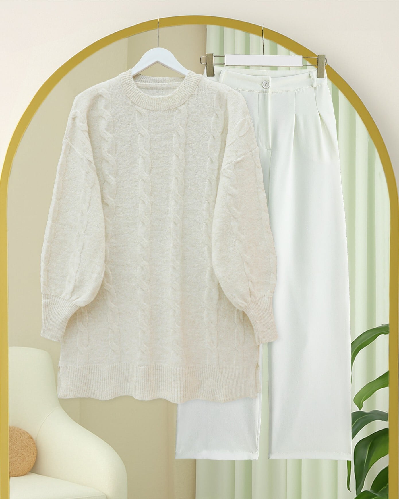 Cream Cable-Knit High-Neck Tunic Sweater - Podyumplus - by Peralane - photo 5