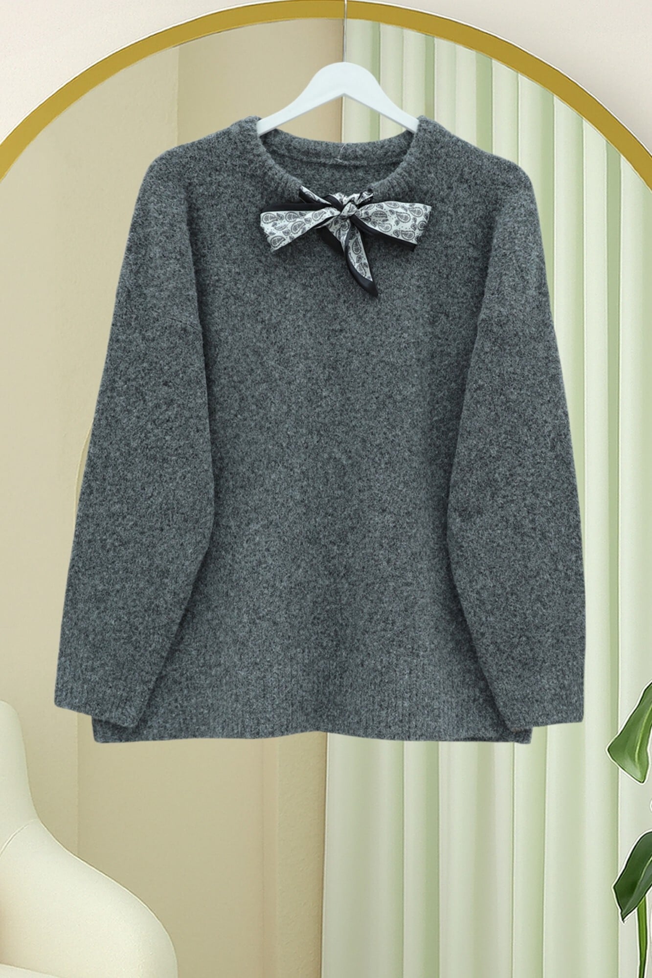 Women's Smoked Grey Soft Knit Sweater with Scarf Collar Detail - Podyumplus - by Peralane - photo 2