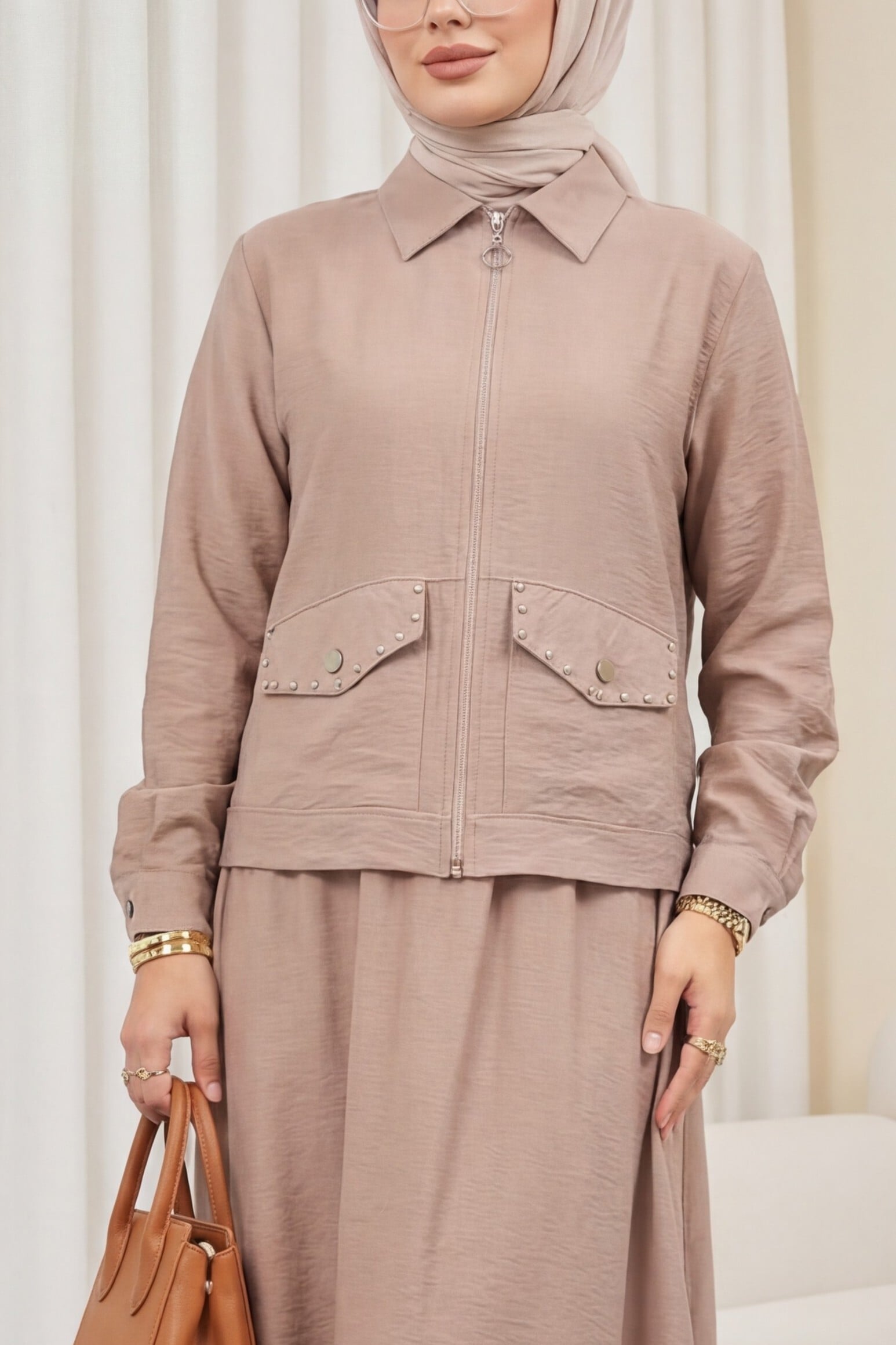 Zip-Front Jacket and Elasticated Waist Skirt Modest Set in Taupe - Podyumplus - by Peralane - photo 2