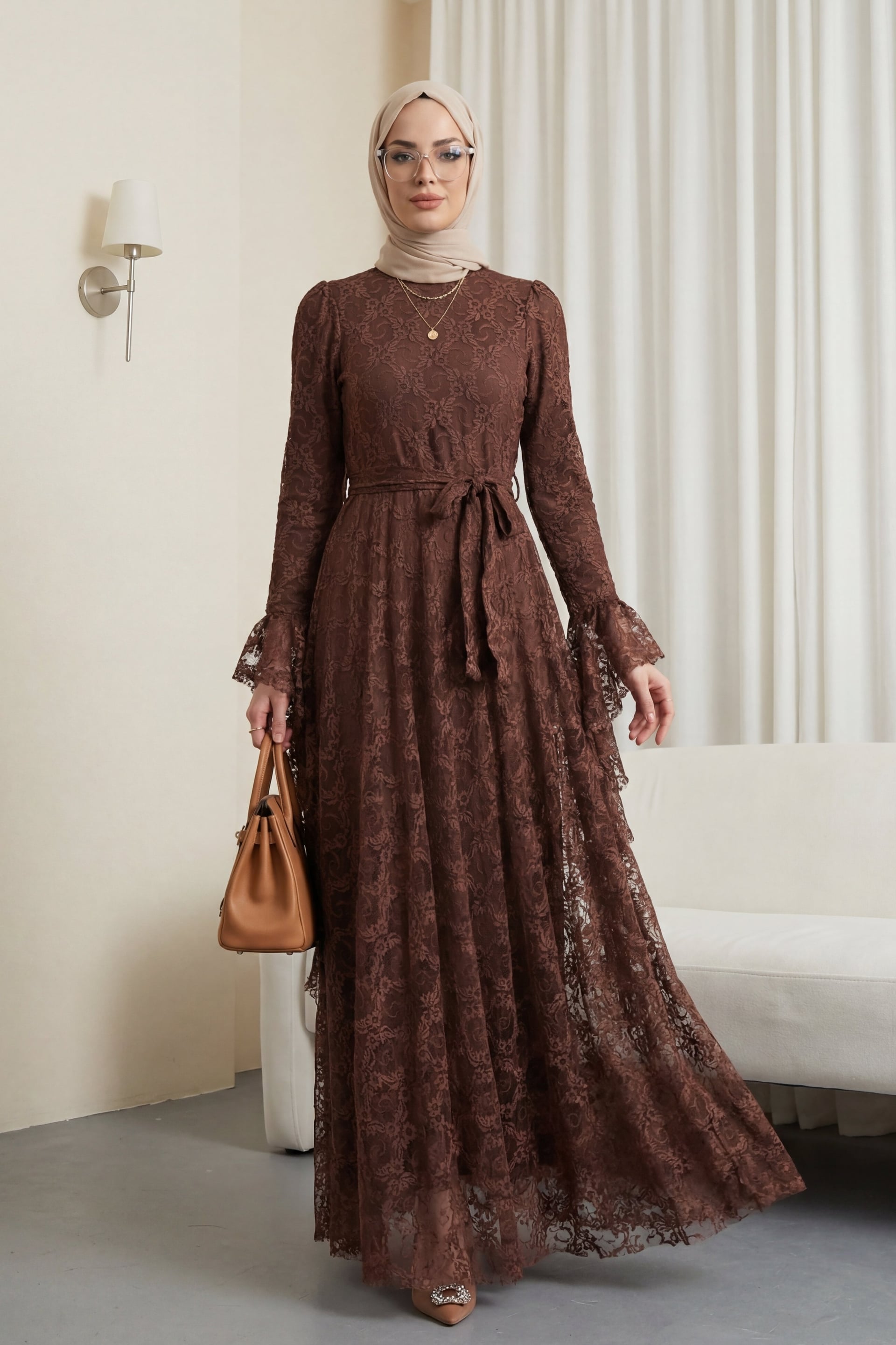 Floral Lace Tie Waist Dress with Flared Cuffs - Brown - Podyumplus - by Peralane - photo 3