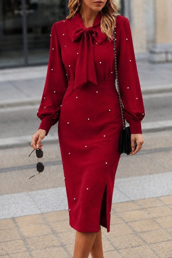 Women's Long Sleeve Bow Neckline Side Slit Pearl Embellished Midi Crepe Dress in Red - Janes - by Peralane
