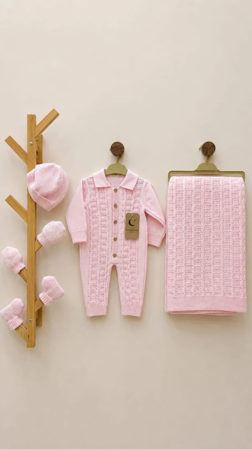 Baby Knit Romper Set with Hat, Mittens, and Blanket - Pink - Has Bereket - by Peralane