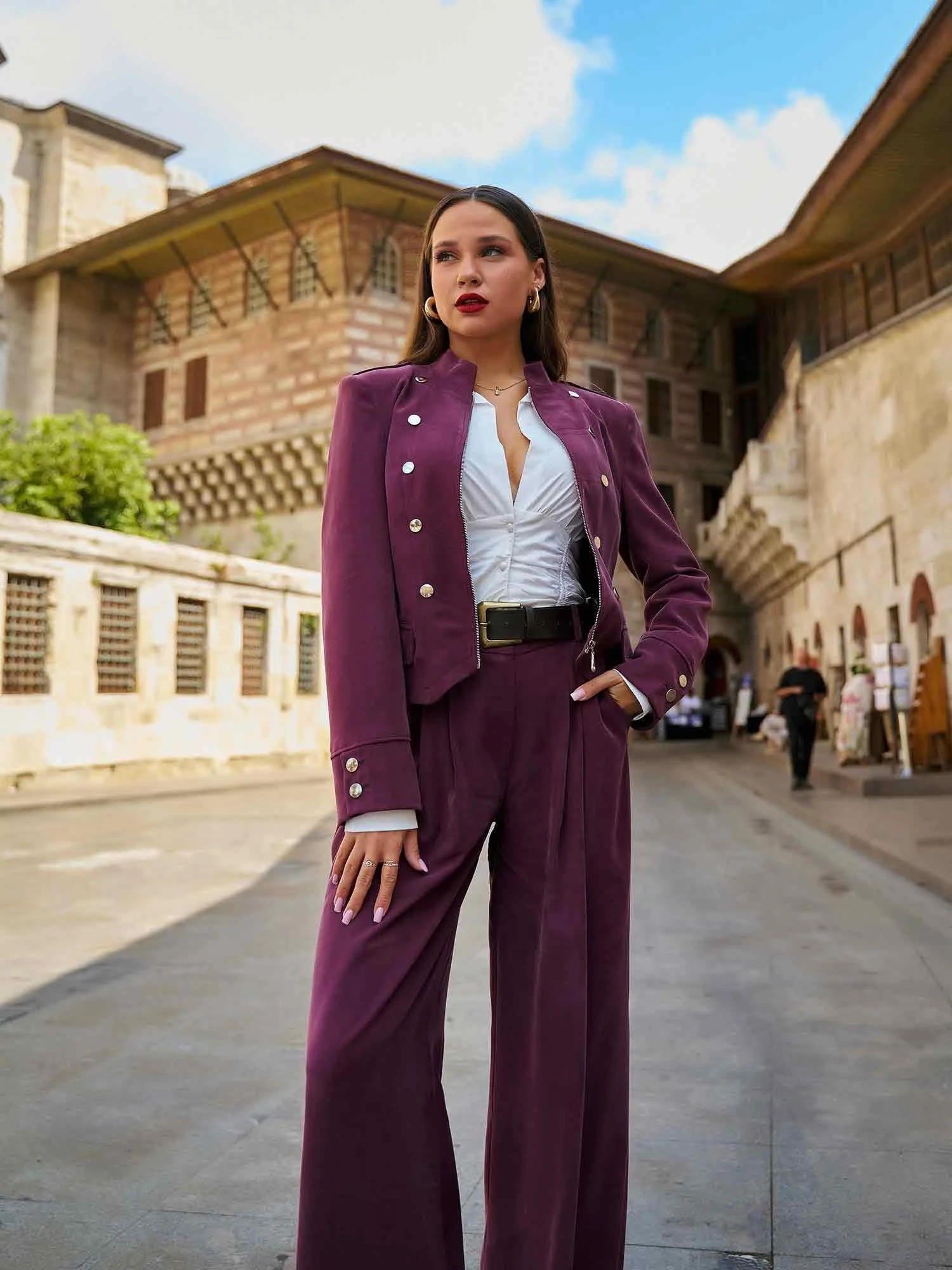 Belted Pleated Palazzo Pants in Deep Plum - Lefon - by Peralane - photo 7