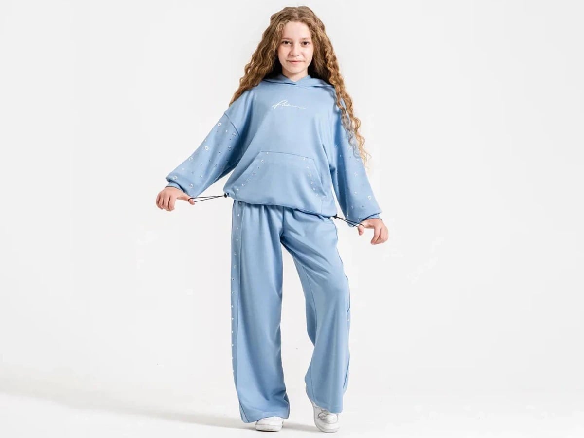 Girls' Hooded Sweatshirt and Wide-Leg Trousers Set with Star Pattern, Light Blue - ÖZ Bebe - by Peralane