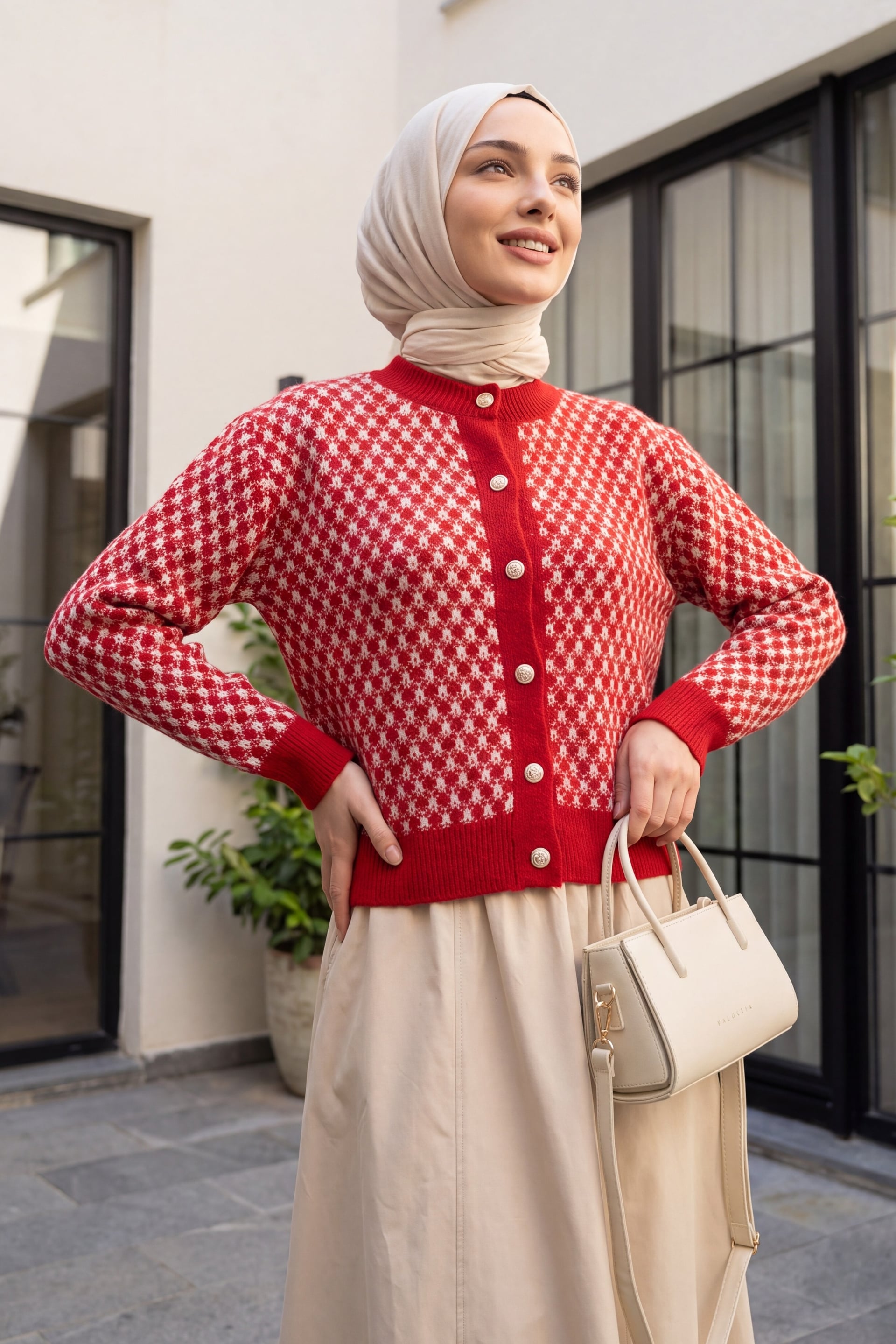 Round Neck Buttoned Patterned Knit Cardigan - Red - Podyumplus - by Peralane - photo 2