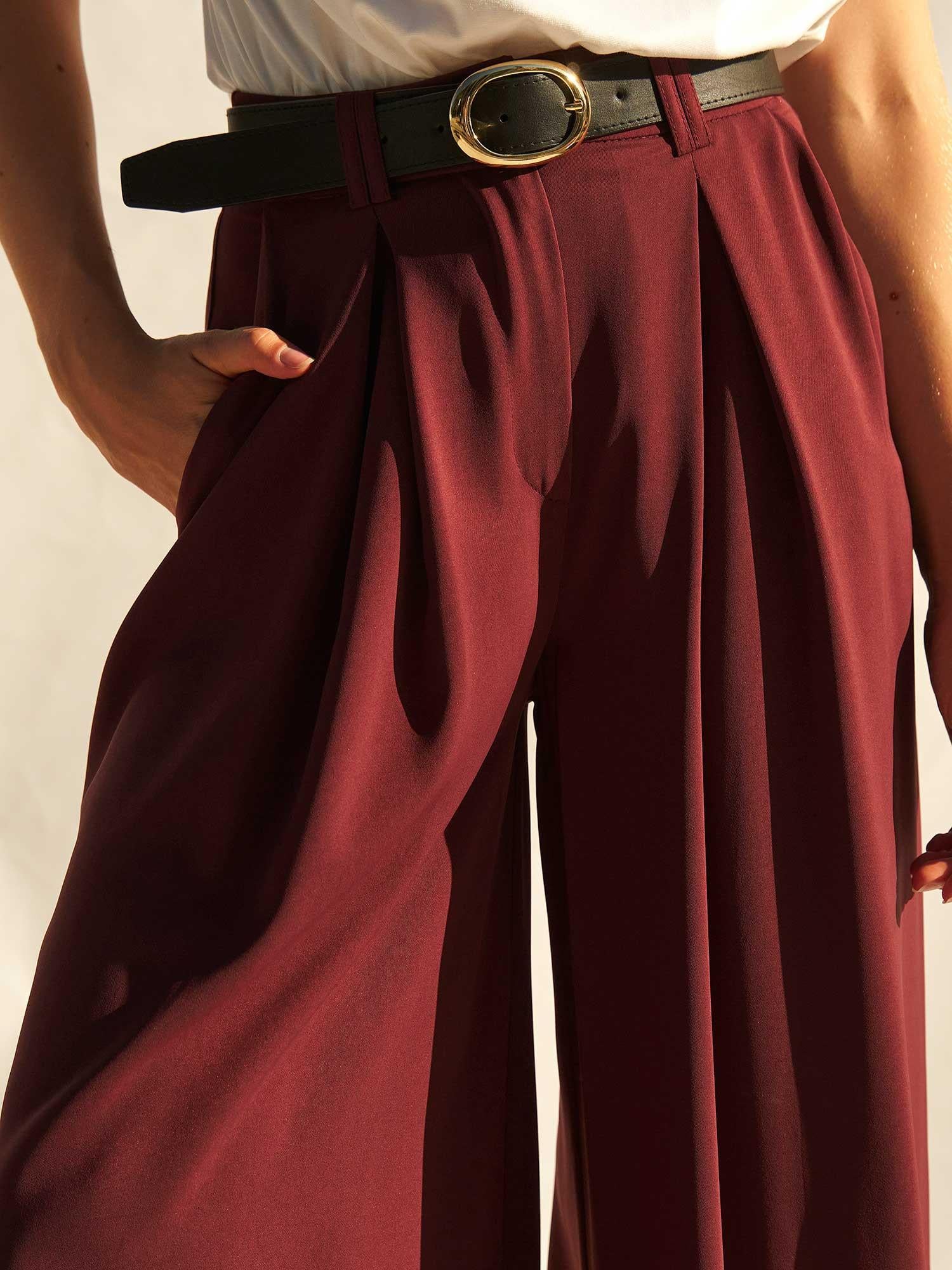 Burgundy High-Waist Pleated Palazzo Trousers with Belt - Lefon - by Peralane - photo 9