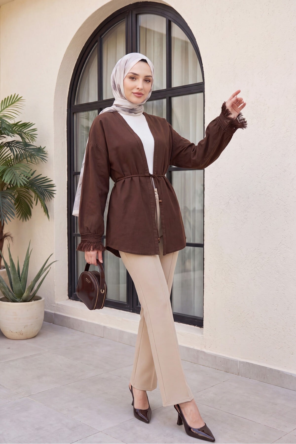 Fringed Belted Linen Kimono - Brown - Podyumplus - by Peralane - photo 9
