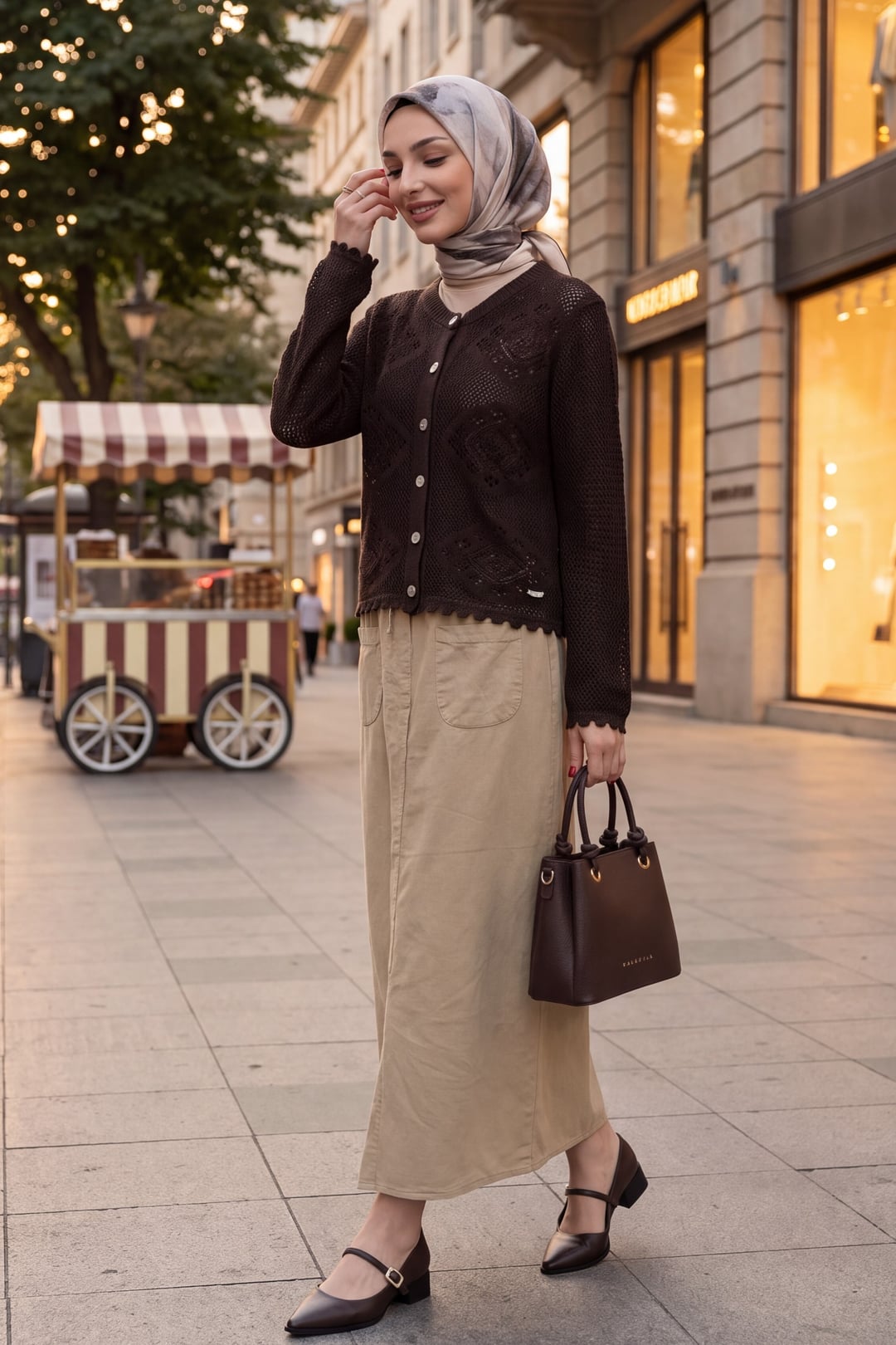 Geometric Patterned Openwork Buttoned Knit Cardigan - Dark Brown - Podyumplus - by Peralane - photo 2