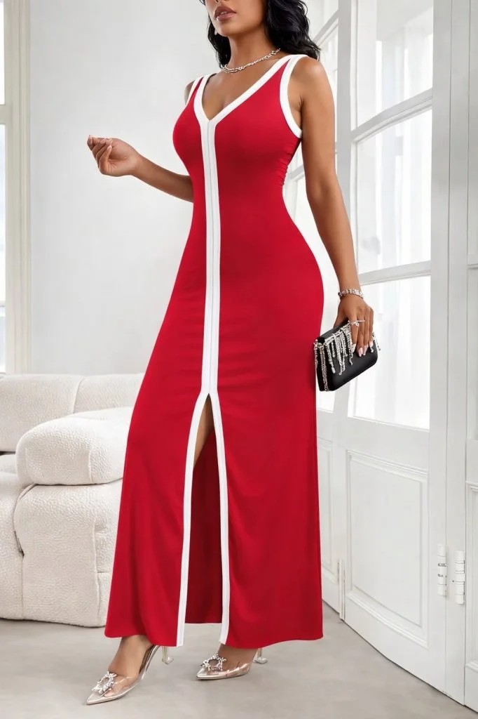 Women's Sleeveless Deep V-Neck Slit Maxi Viscose Dress in Red with White Trim - Janes - by Peralane - photo 2