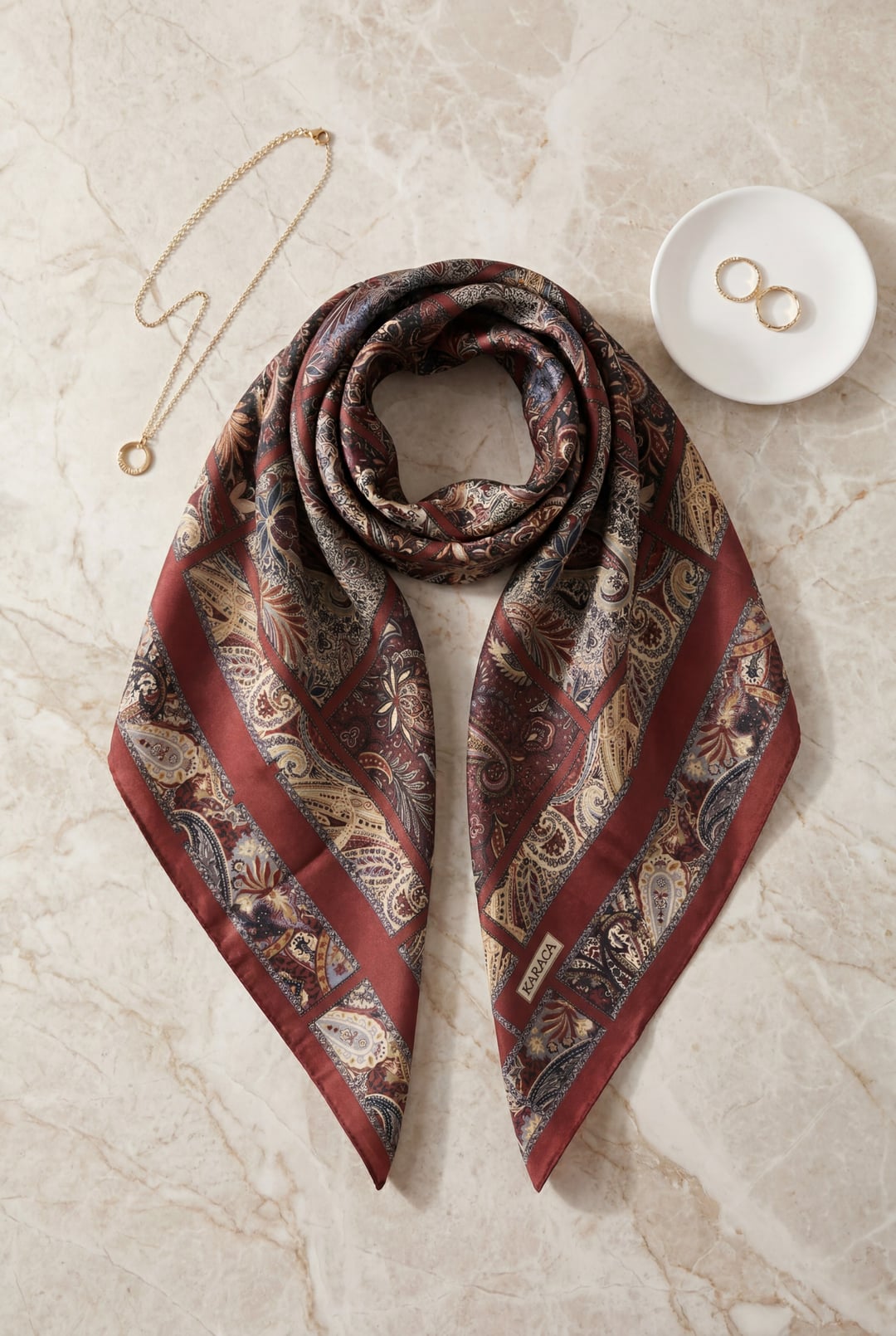 Geometric Border Rayon Scarf - Bordeaux - Podyumplus - by Peralane - photo 2