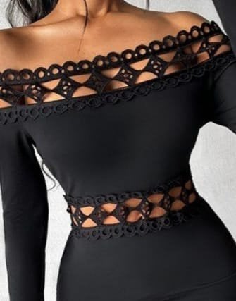 Women's Black Off-Shoulder Long-Sleeved Stretch Knit Midi Dress with Cut-Out Details - Janes - by Peralane - photo 2