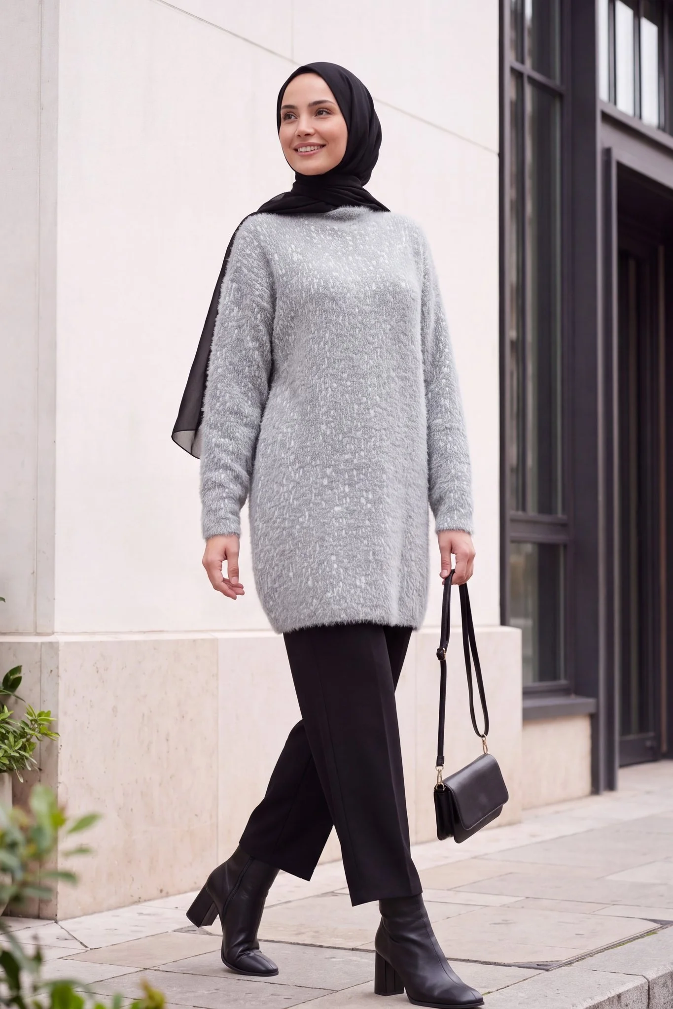 Crew Neck Patterned Soft Knit Tunic - Light Grey - Podyumplus - by Peralane - photo 6