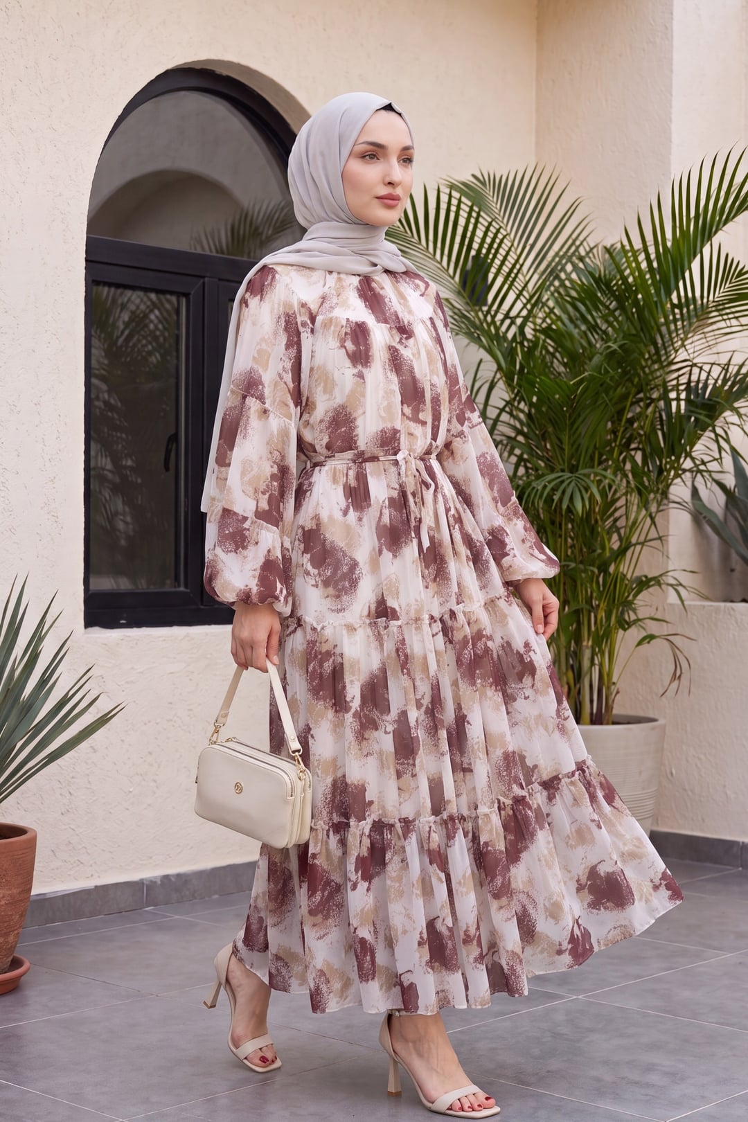 Patterned Lace-Up Lined Paneled Chiffon Dress - Plum - Podyumplus - by Peralane - photo 2