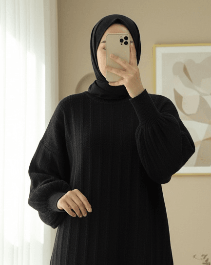 Black Ribbed Knit Tunic with Side Slits - Podyumplus - by Peralane - photo 2