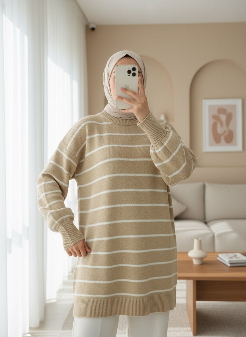 Fine Striped Slit Knit Tunic - Beige - Podyumplus - by Peralane - photo 2