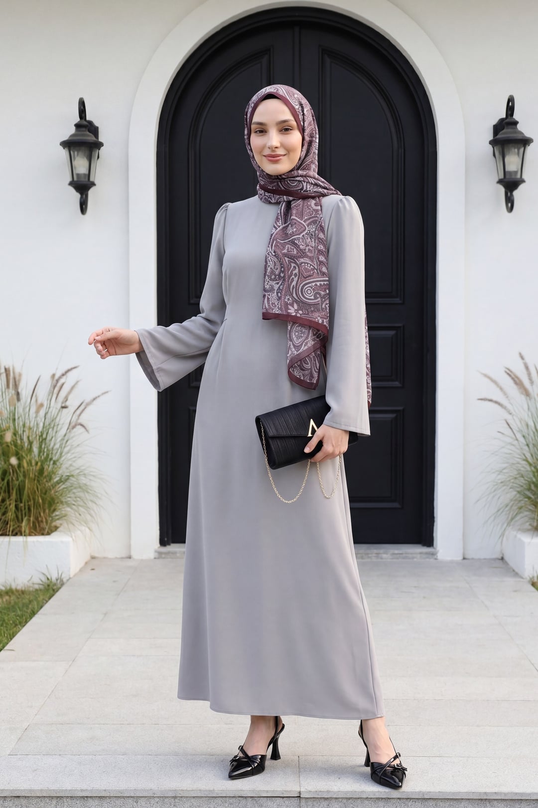 Mandarin Collar Belted Dress - Grey - Podyumplus - by Peralane - photo 4