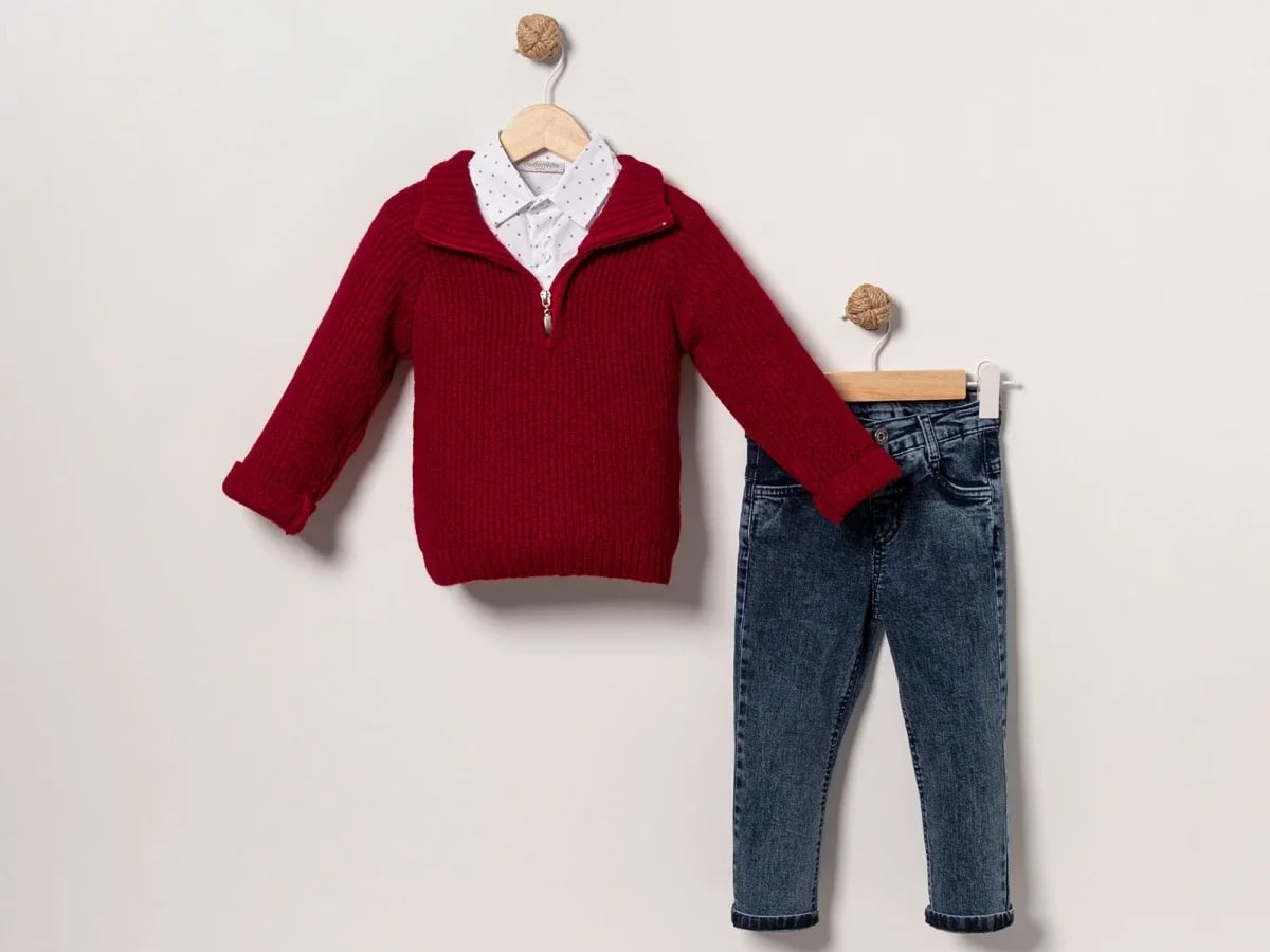 Boys' Knit Sweater and Denim Jeans Set - Burgundy - Eymus - by Peralane