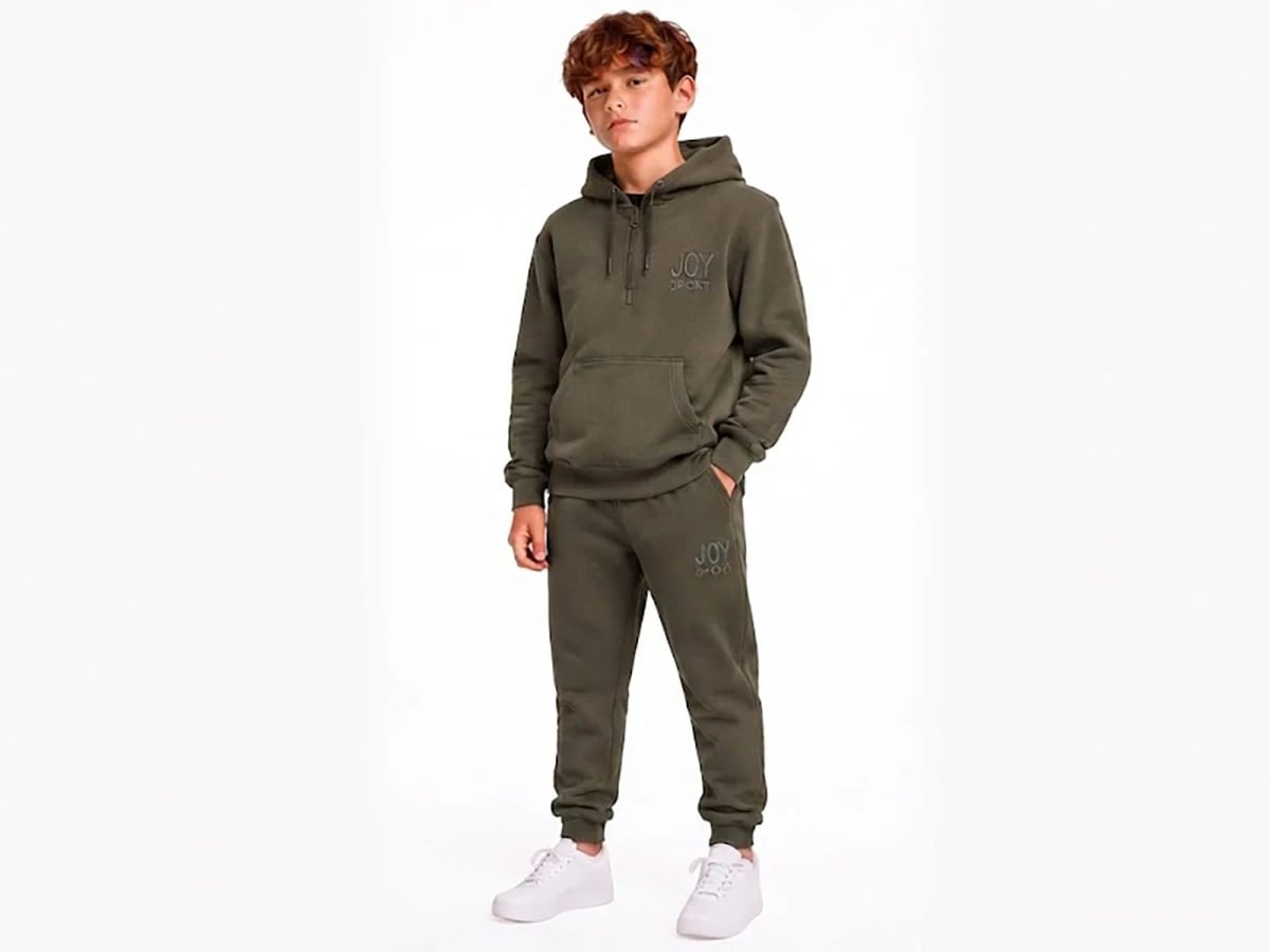 Boys' Hooded Tracksuit Set with Joy Print - Olive Green - Koska - by Peralane