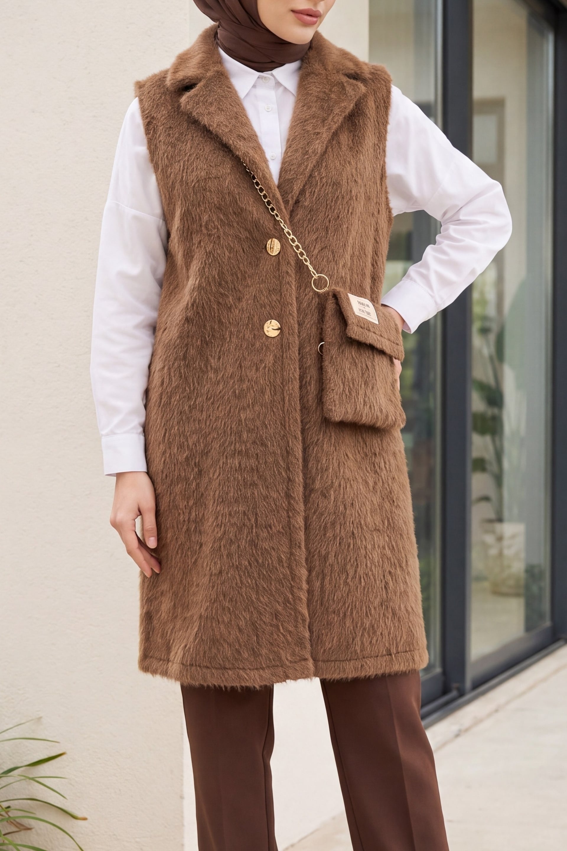Brown Longline Faux Fur Vest with Bag Accessory - Podyumplus - by Peralane