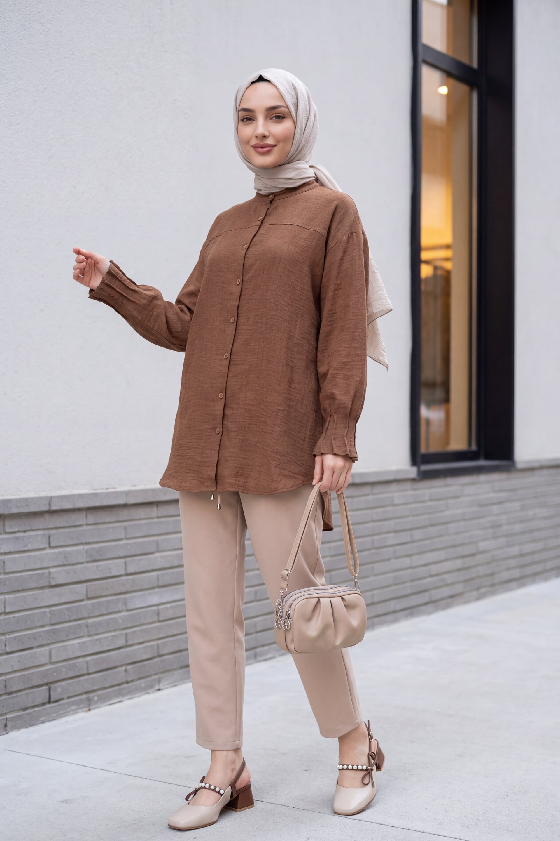 Oval Cut Tunic with Draped Cuff Detail - Tan - Podyumplus - by Peralane - photo 2
