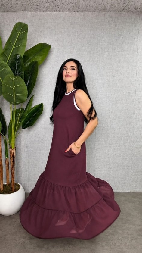 Women's Sleeveless Round Neck Burgundy Chiffon Hem Long Viscose Dress - Janes - by Peralane - photo 3